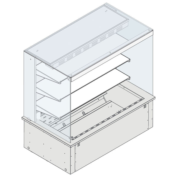 Wandkühlvitrine 3-etagig mit eckiger Verglasung auf Umluft-Kühlwanne, für Zentralkühlung, 2x GN 1/1