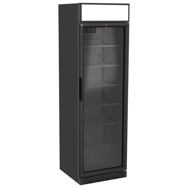 Getränkekühlvitrine 373 Liter mit Glastür und Werbedisplay, 5 Roste, +1°/+9°C - Farbe schwarz