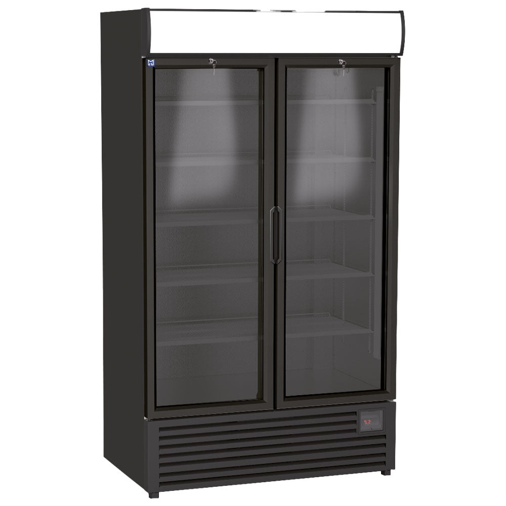 Getränkekühlvitrine 1140 Liter mit 2 Glastüren und Werbedisplay, 4+4 Roste, +1°/+9°C - Schwarz