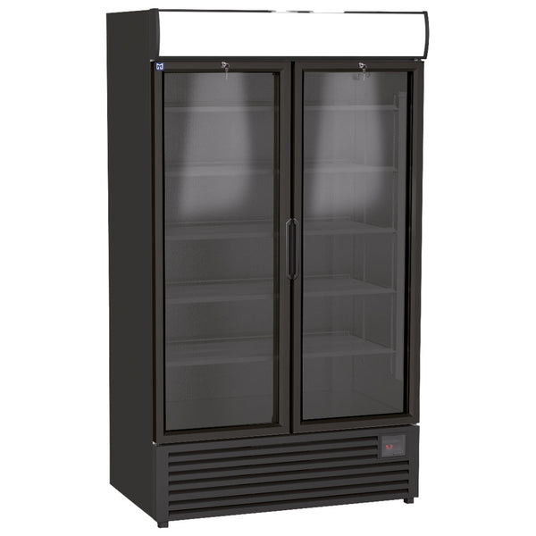 Getränkekühlvitrine 1140 Liter mit 2 Glastüren und Werbedisplay, 4+4 Roste, +1°/+9°C - Schwarz