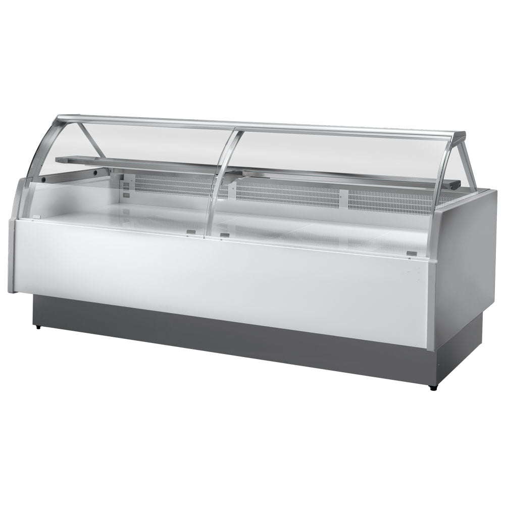 Neutrale Ausstelltheke 2480 mm mit gebogener Frontverglasung