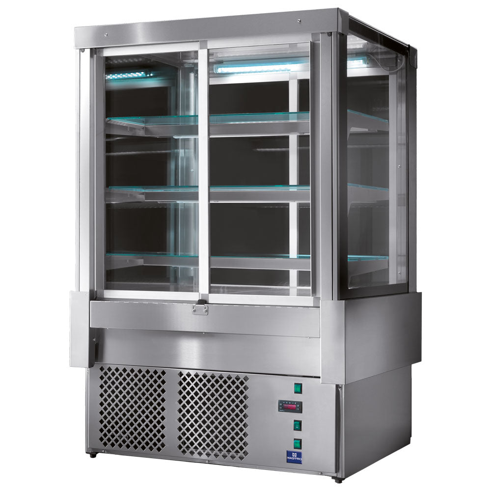 Kühltheke mit 4 Schiebetüren und 3 Regalböden, Umluft, +2°/+8°C, B=1522 mm - RAL9005