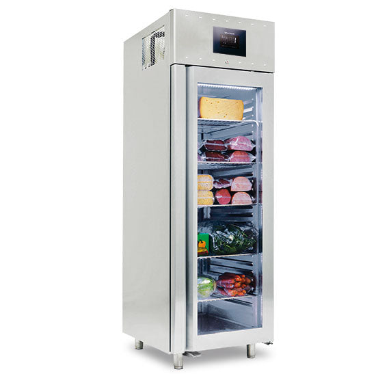 Kühlschrank 700 Liter aus Edelstahl GN 2/1 mit Glastür, -2°/+8°C, 85 mm Isolierung - WiFi