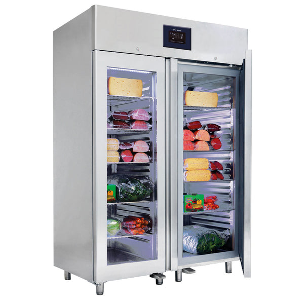 Kühlschrank 1400 Liter aus Edelstahl GN 2/1 mit Glastüren, -2°/+8°C, 85 mm Isolierung - WiFi