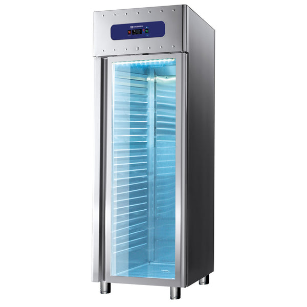 Kühlschrank 700 Liter aus Edelstahl mit Glastür, GN 2/1, -2°/-8°C, 85 mm Isolierung