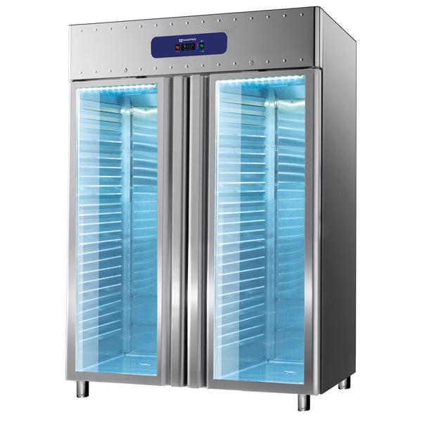 Kühlschrank 1400 Liter aus Edelstahl mit Glastüren, GN 2/1, -2°/+8°C, 85 mm Isolierung