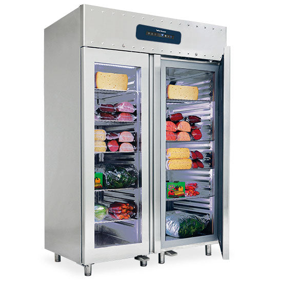 Tiefkühlschrank 1400 Liter aus Edelstahl GN 2/1 mit Glastüren, -10°/-25°C, 75 mm Isolierung