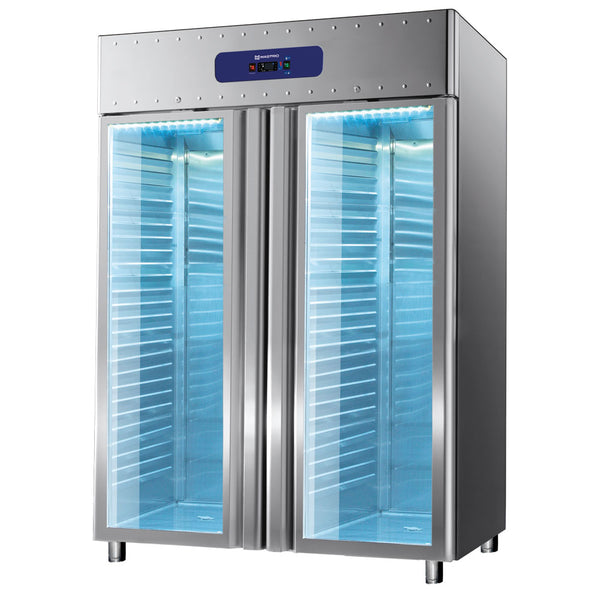 Tiefkühlschrank 1400 Liter aus Edelstahl mit Glastüren, GN 2/1, -10°/-25°C, 85 mm Isolierung