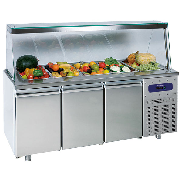 Saladette mit 3 Türen GN 1/1 und Glasstruktur, 5x GN 1/1 H=150 mm, -2°/+8°C