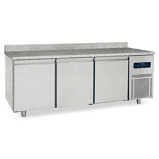 Bäckereitiefkühltisch 3 türig 600x400 mm mit Granitarbeitsplatte mit Aufkantung, -10°/-25°C
