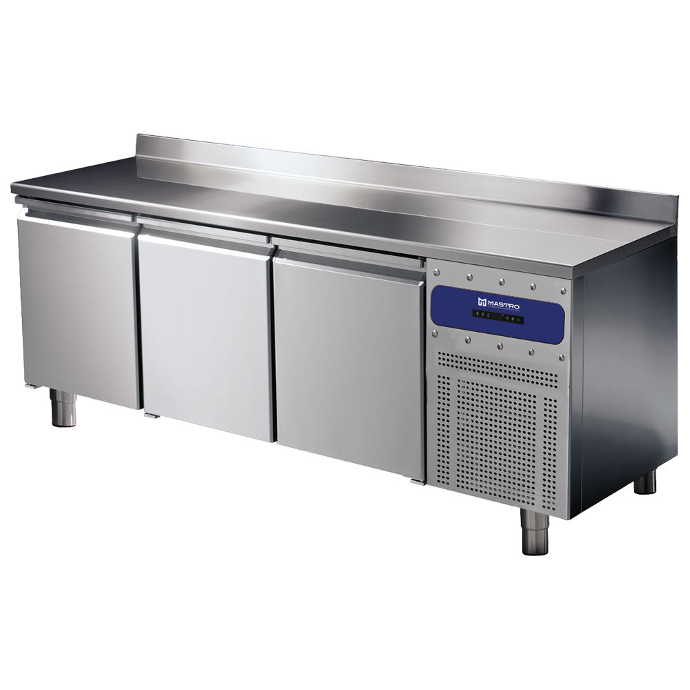 Bäckereikühltisch 3 Türen 600x400 mm, Edelstahlarbeitsplatte mit Aufkantung, -2°/+8°C