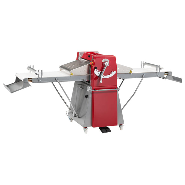 Teigausrollmaschine mit Geschwindigkeitsregler auf Unterbau mit Rädern, Bandmaß 500x1000 mm
