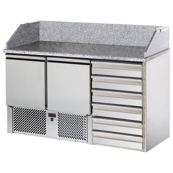 Pizzatisch mit 2 Türen GN 1/1 und 6 neutrale Schubladen 600x400 mm