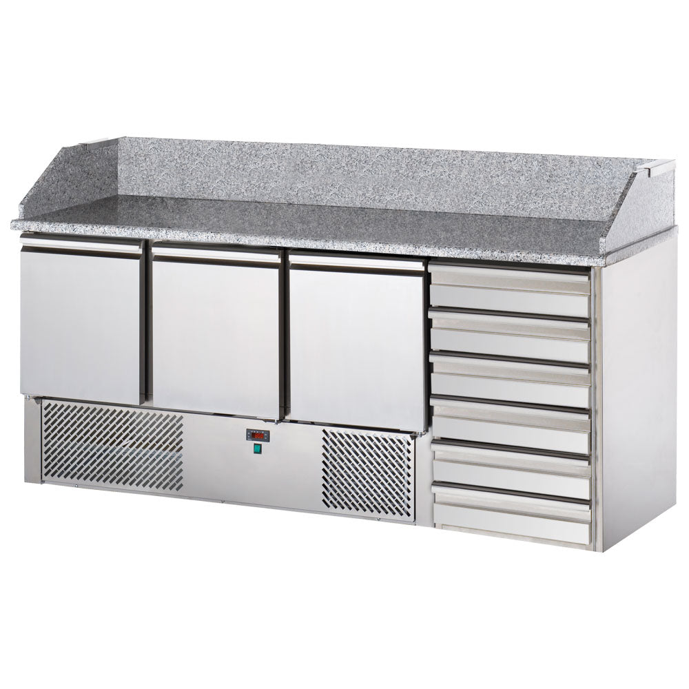 Pizzatisch mit 3 Türen GN 1/1 und 6 neutrale Schubladen 600x400 mm