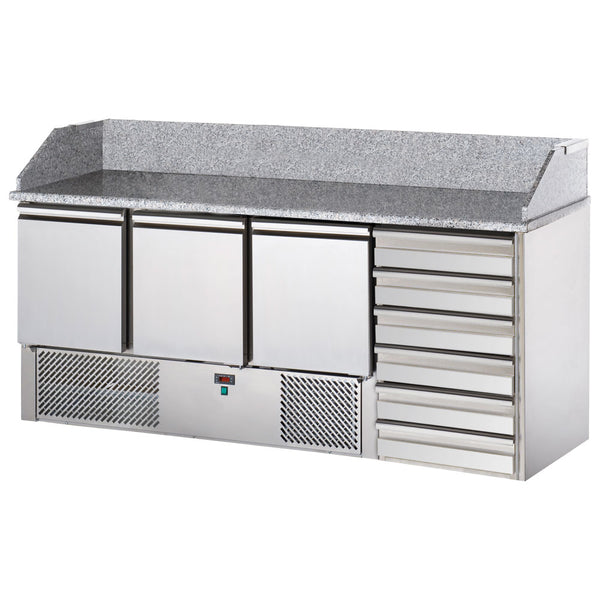 Pizzatisch mit 3 Türen GN 1/1 und 6 neutrale Schubladen 600x400 mm