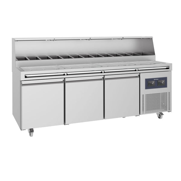 Kühl-Vorbereitungstisch 3-türig 46x66 cm mit gerillter Arbeitsfläche, 12x GN 1/3 H=150 mm - WiFi