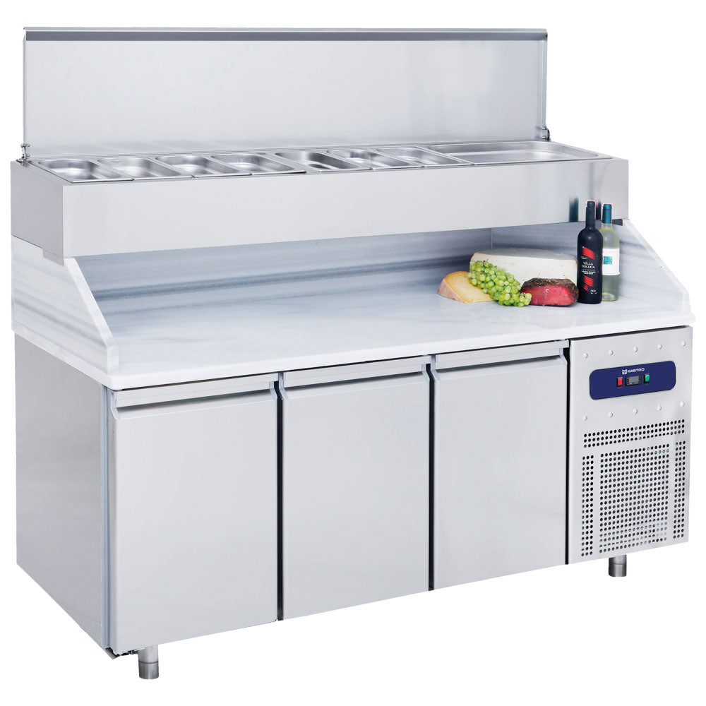 Pizzatisch mit 3 Türen GN 1/1 und Kühlaufsatz 10x GN 1/3 H=150 mm