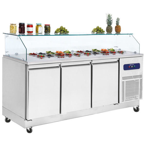 Kühl-Vorbereitungstisch 3 Türen GN 1/1 mit Glasaufsatz, 8x GN 1/6 H=100 mm, -2°/+8°C