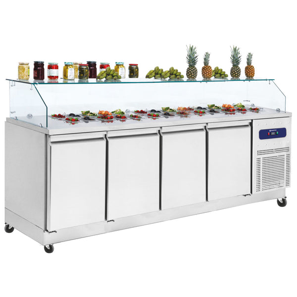 Kühl-Vorbereitungstisch 4 Türen GN 1/1 mit Glasaufsatz, 10x GN 1/6 H=100 mm, -2°/+8°C