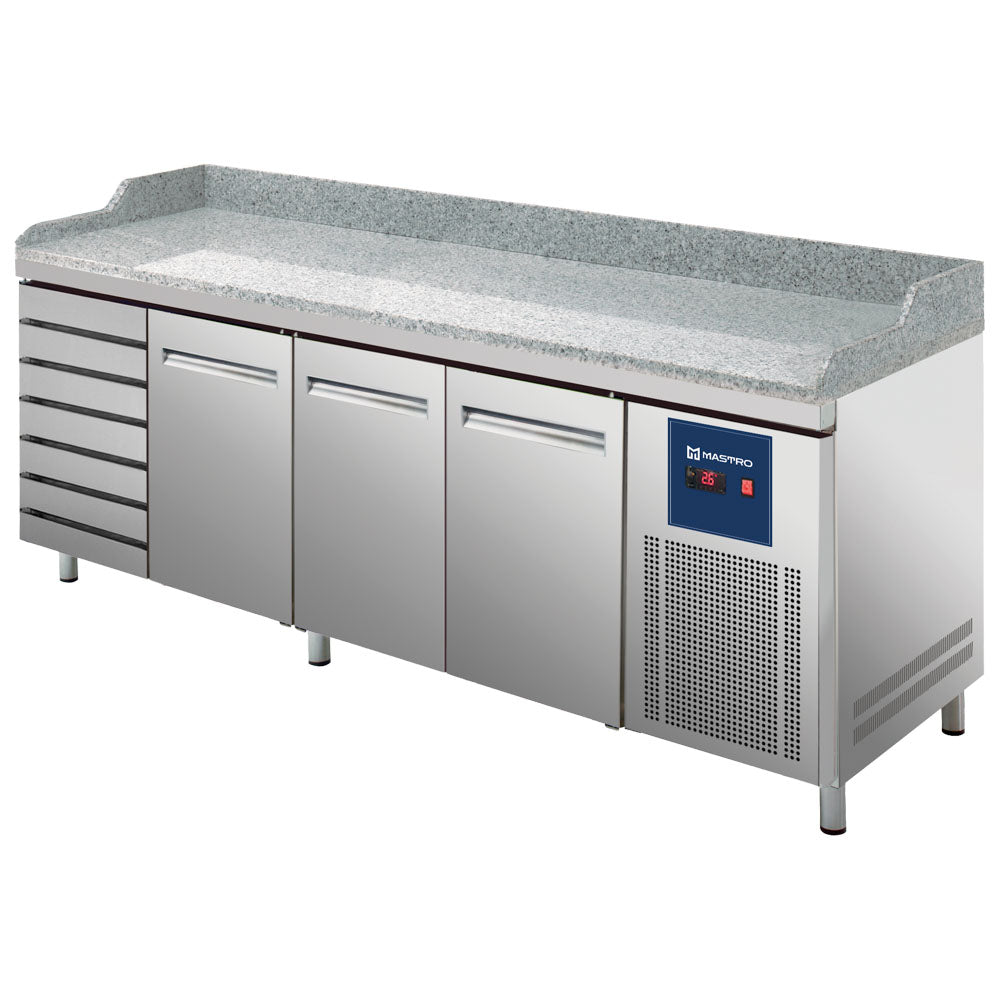 Pizzatisch mit 3 Türen 600x400 mm, 7 Schubladen 600x400 mm