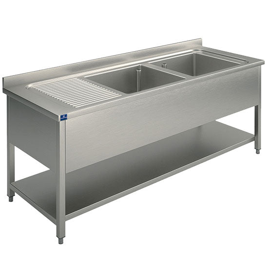 Spültisch, 2 Becken, Tropftasse links, auf Beinen, mit Zwischenboden, 1600x700 mm