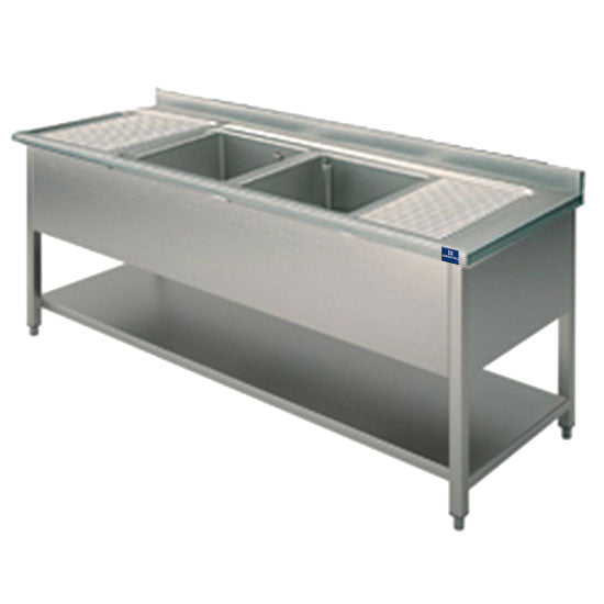 Spültisch, 2 Becken, 2 Tropftassen, auf Beinen, mit Zwischenboden, 2000x700 mm