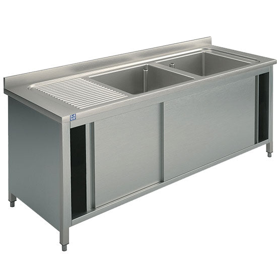 Spülschrank, 2 Becken, Tropftasse links, mit Schiebetüren, 1800x700 mm