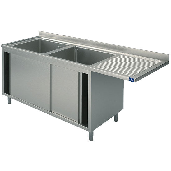 Spülschrank mit Schiebetüren für Einbau-Geschirrspüler, 2 Becken links, 1600x700 mm