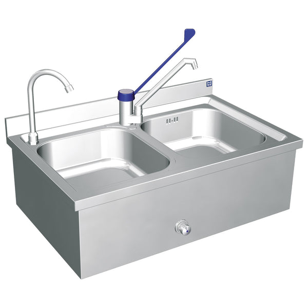 Handwaschbecken mit 2 Becken, 2 Hähnen, 1 Kniebedienung