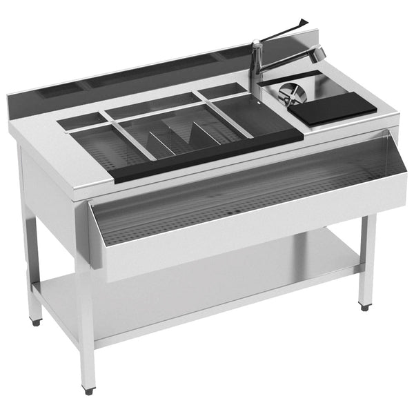 Cocktail Bar Station neutral mit Eiswanne, Flaschenhalter, Spülbecken, 1200x610 mm
