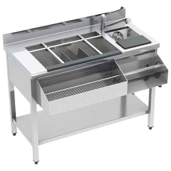 Cocktail Bar Station neutral mit Eiswanne, Flaschenhalter, Mixerregal, Spülbecken, 1200x720 mm