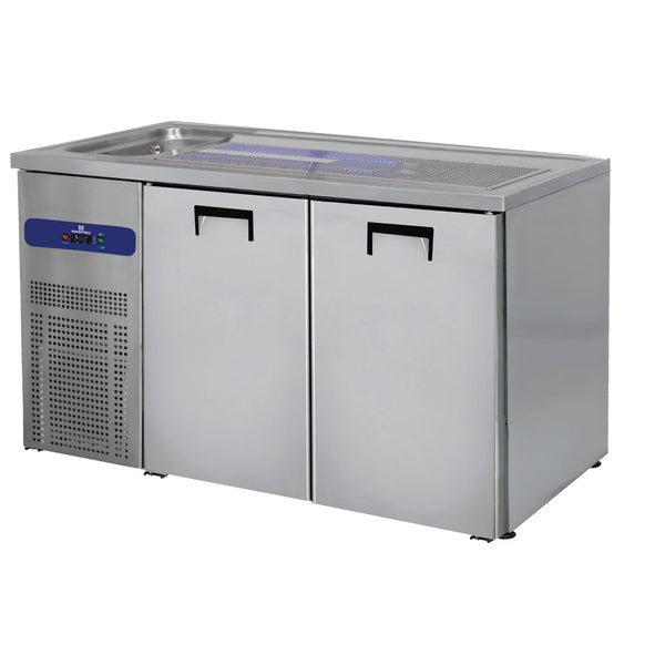 Bierausschanktheke mit 1 Becken links und 2 Türen für Bierfässer je 50 Liter