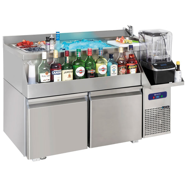 Cocktail Bar Station gekühlt mit 2 Schubladen, Spülbecken rechts und Eiswanne 1200x600 mm