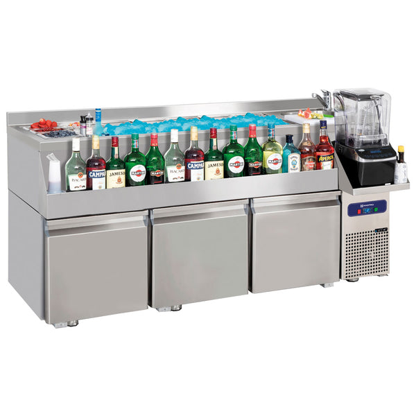 Cocktail Bar Station gekühlt mit 3 Schubladen, Spülbecken rechts und Eiswanne 1600x600 mm
