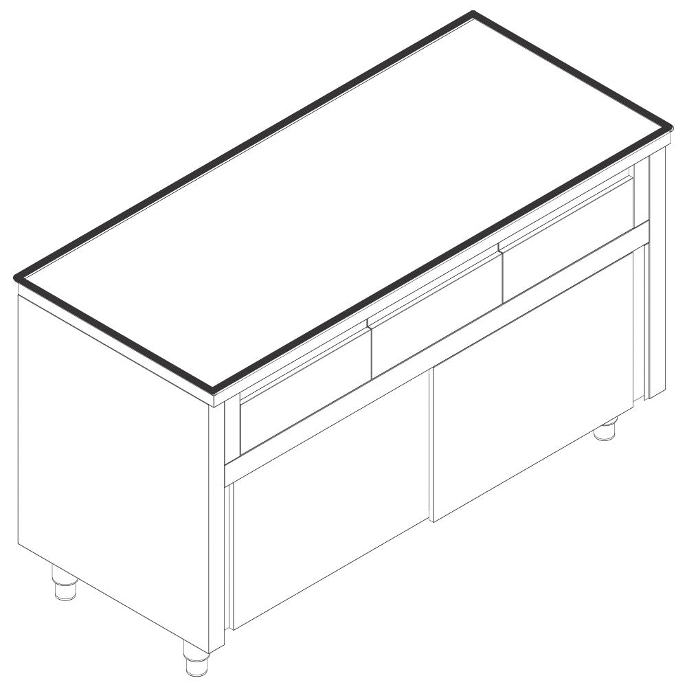 Neutraler Arbeitsschrank mit 3 horizontale Schubladen, mit Schiebetüren, ohne Aufkantung, 1500x600 mm
