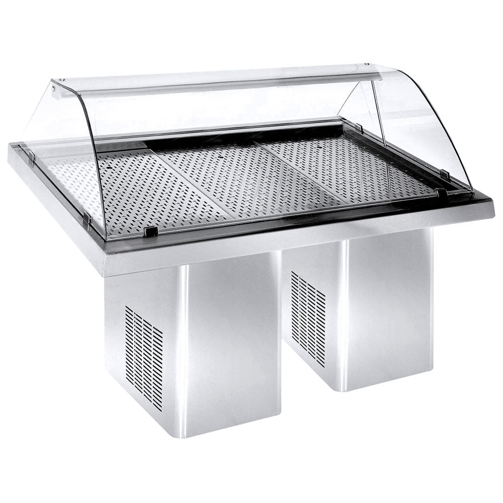 Fischkühltheke mit gebogener Scheibe und Schiebetüren, statische Kühlung, 2320 mm