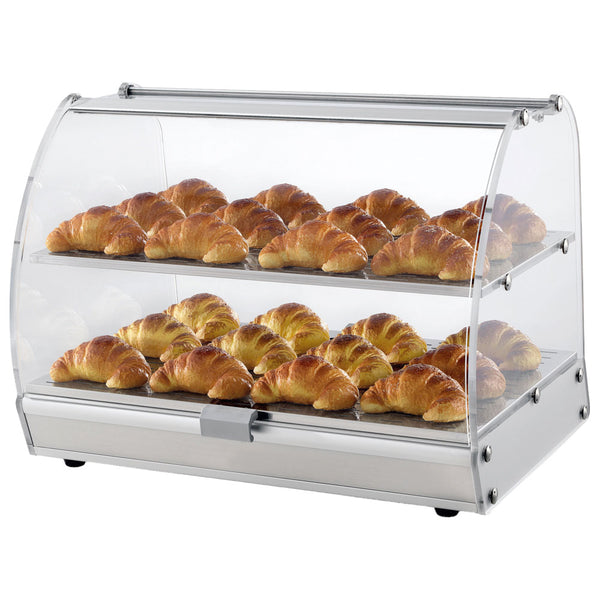 Neutrale Vitrine mit 2 Ebenen und gebogener Frontverglasung