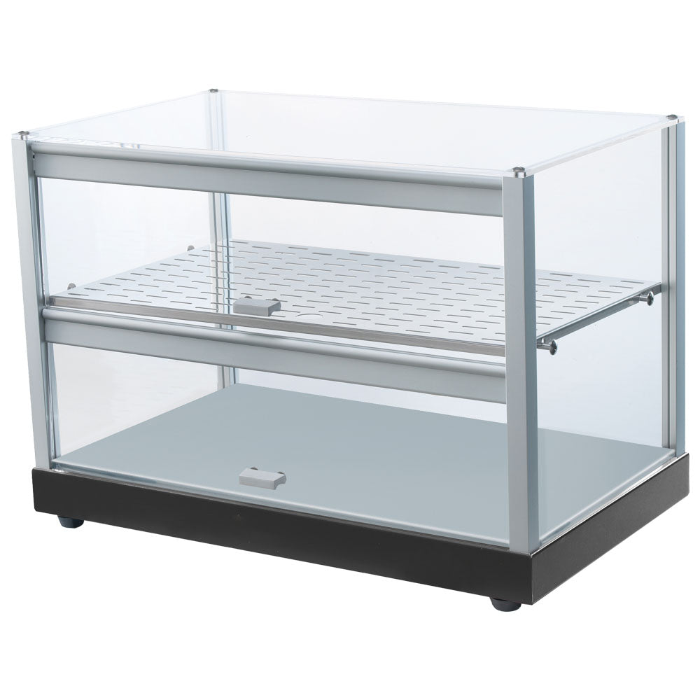 Neutrale Vitrine mit 2 Ebenen und gerader Frontverglasung