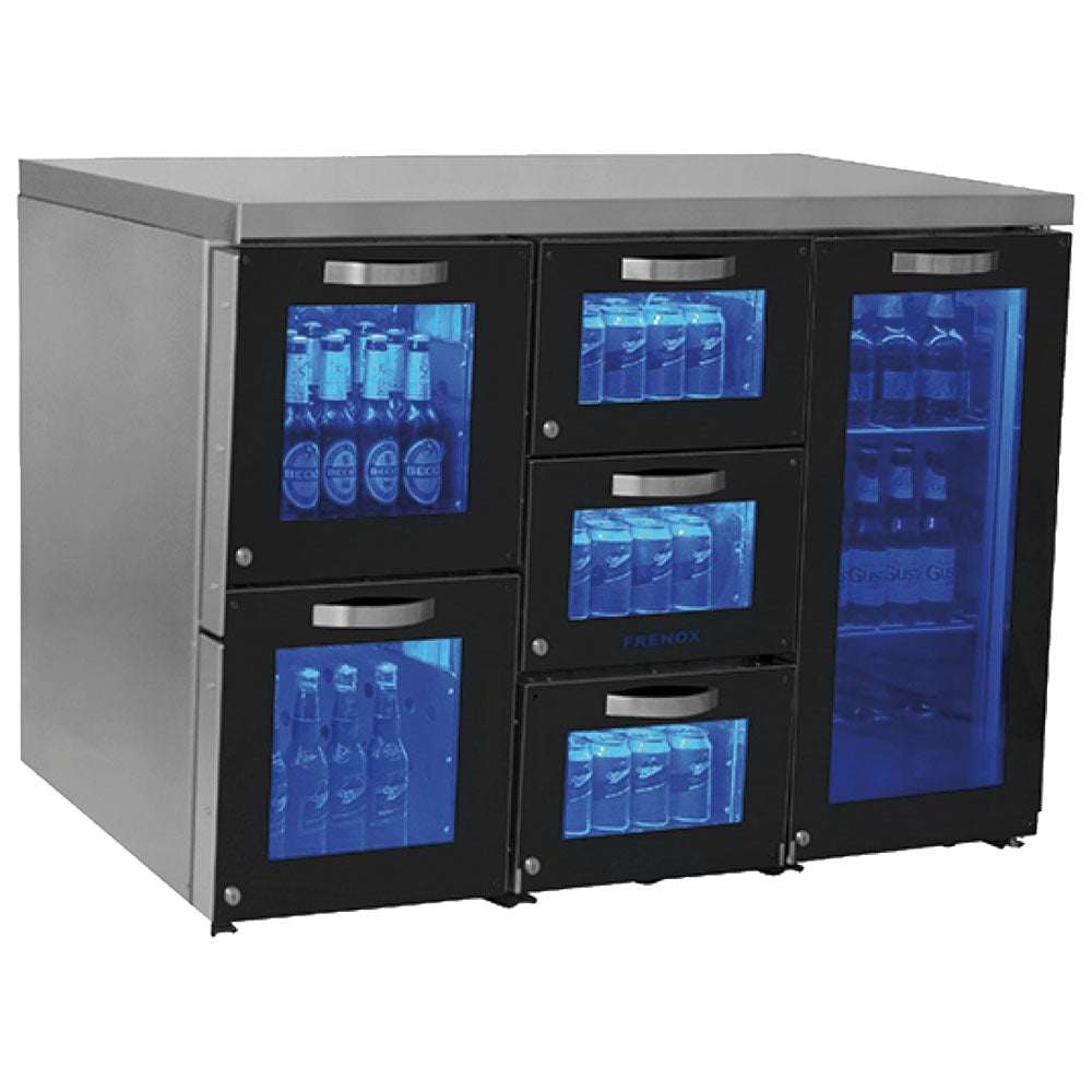 Barkühlschrank links mit 1 Glasflügeltür und 5 Glasschubladen, 120 Flaschen