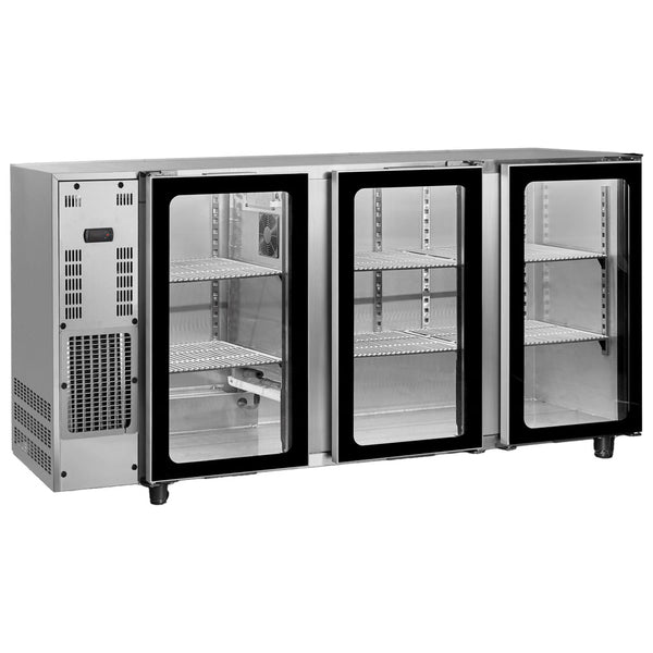 Barkühlschrank mit 3 Glasflügeltüren, 587 Liter, -2°/+8°C - Edelstahlausführung