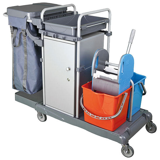 Reinigungswagen mit Sackhalter, Schrank und Moppeimer