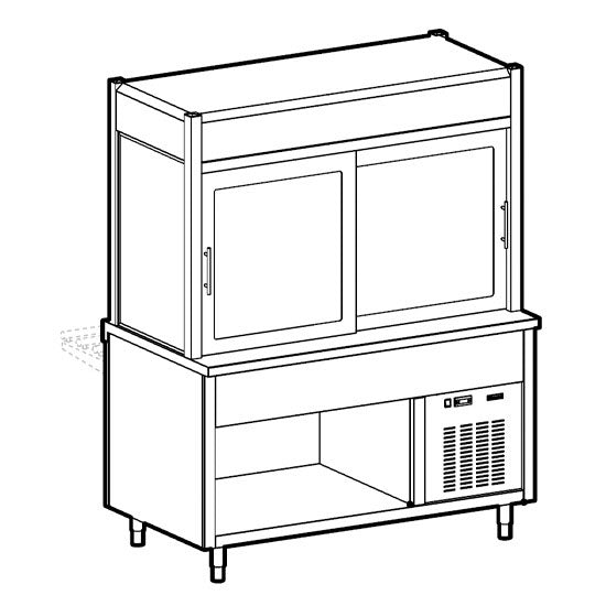 Kühlvitrine 3-etagig mit Kühlplatte auf offenem Unterbau, Rollblende kundenseitig, 6x GN 1/1