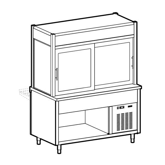 Kühlvitrine 3-etagig mit Kühlwanne auf offenem Unterbau, Rollblende kundenseitig, 6x GN 1/1