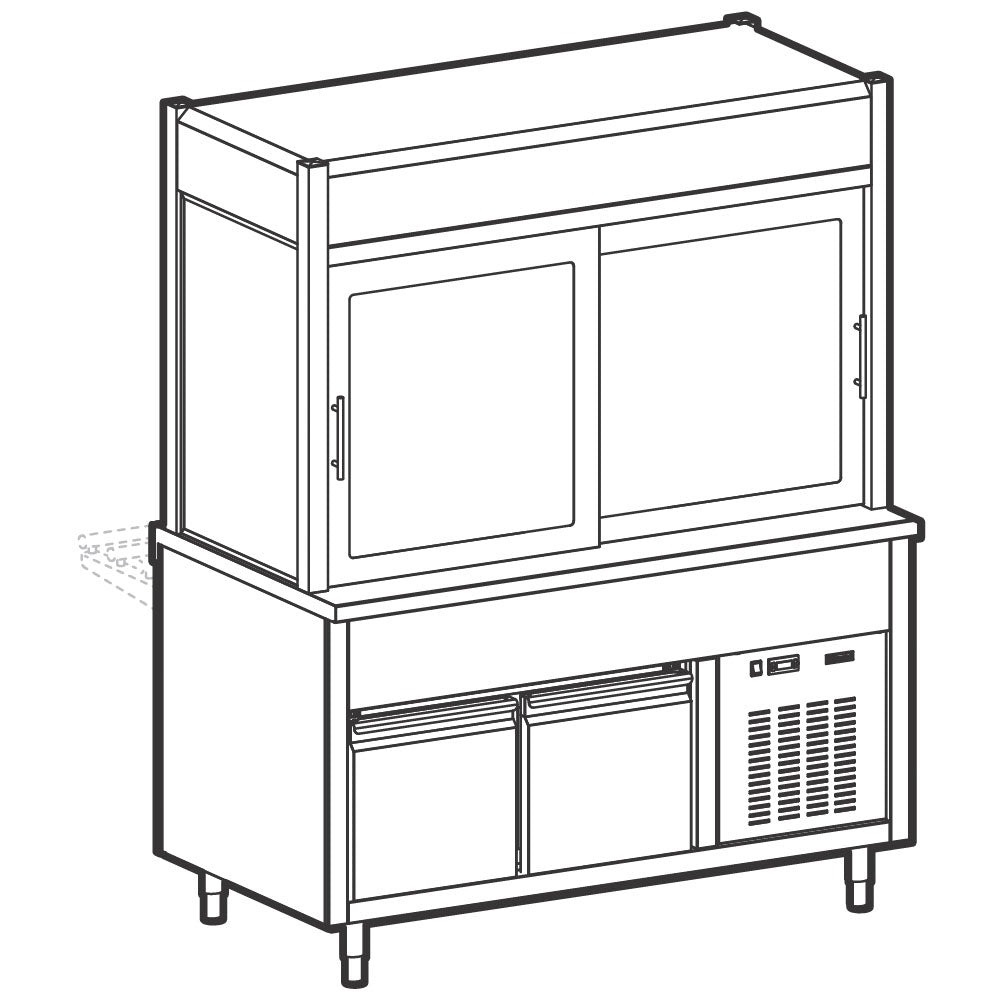 Kühlvitrine 3-etagig mit Kühlwanne auf gekühltem Unterbau, Rollblende kundenseitig, 3x GN 1/1