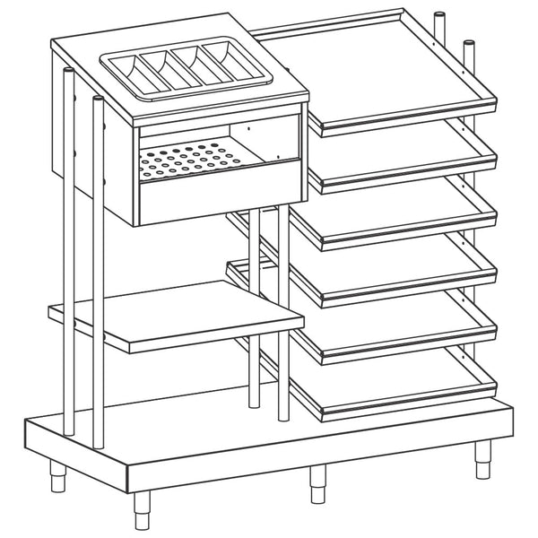 Tablett/Besteck/Glas/Brot-Ausgabeelement, Besteckbehälter aus PVC und Tablett-hordengestell, 1312x700 mm