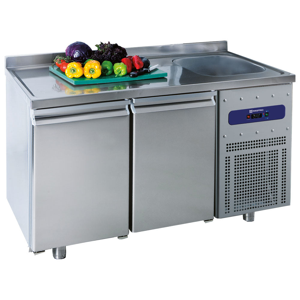Kühltisch 700 mm mit 2 Türen, Becken 35x40x20h cm rechts und Aufkantung, -2°/+8°C