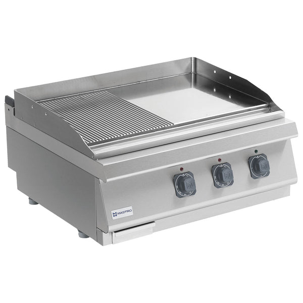 Elektro-Grillplatte, Tischmodell, 1/2 glatte und 1/2 gerillte verchromte Platte