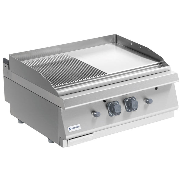 Gas-Grillplatte, Tischmodell, 1/2 glatte und 1/2 gerillte verchromte Platte