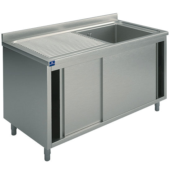 Spülschrank, 1 Becken, Tropftasse links, mit Schiebetüren, 1500x600 mm