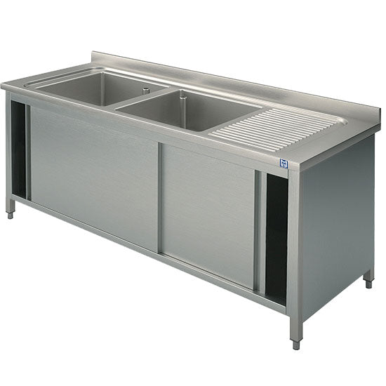 Spülschrank, 2 Becken, Tropftasse rechts, mit Schiebetüren, 1500x700 mm